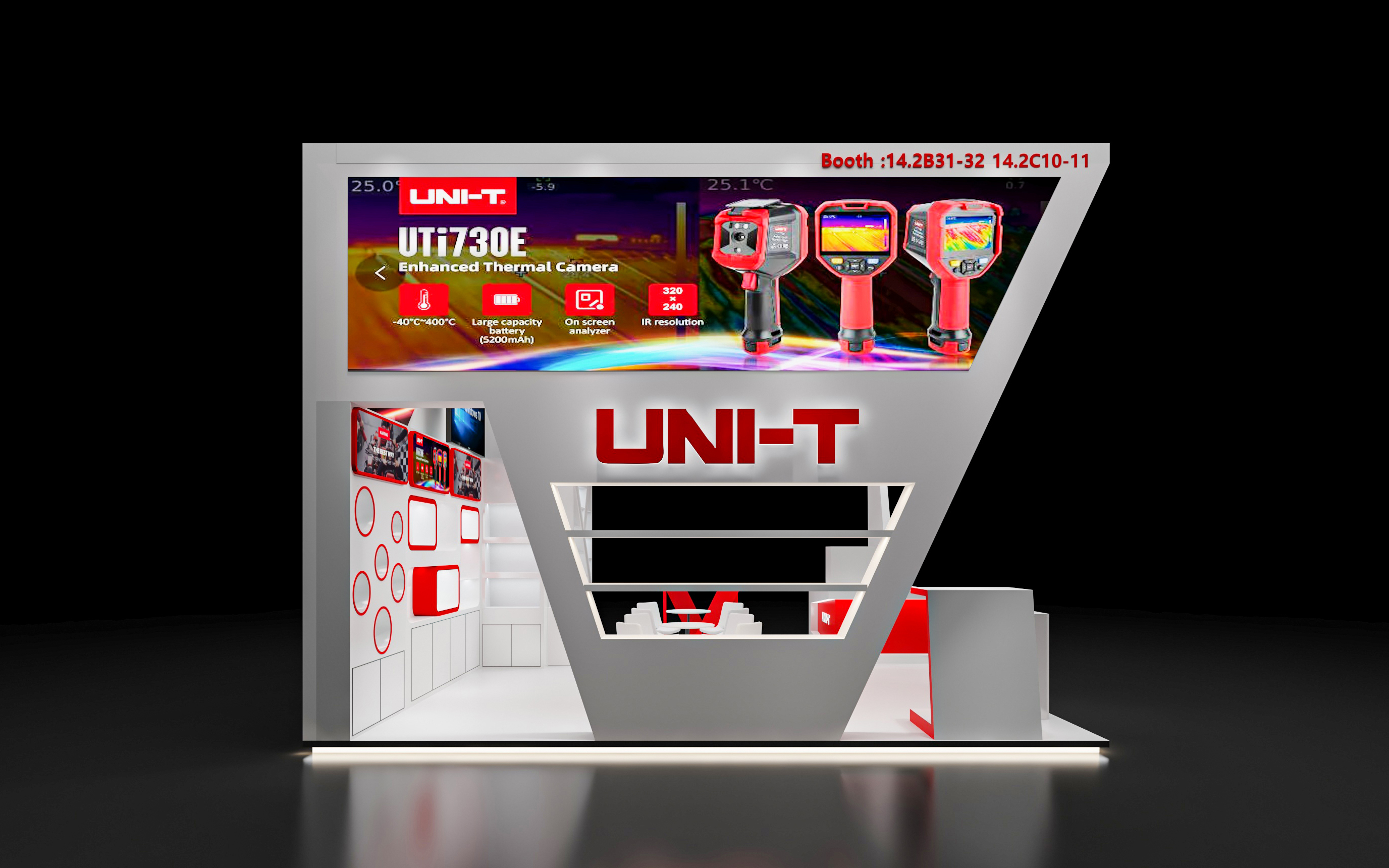 广交会布置效果图片-广交会展位设计效果图 - 优利德科技(UNI-T)展台内部布局(产品展示与洽谈区) 广交会布置效果图片-广交会展位设计效果图 - 优利德科技(UNI-T)展台内部布局(产品展示与洽谈区)